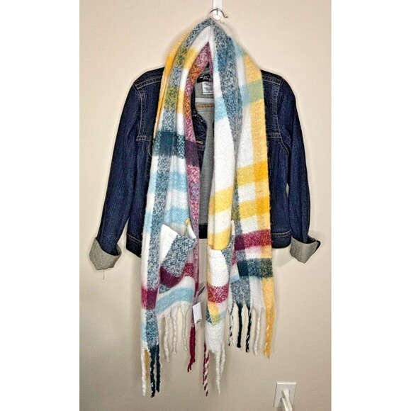 Nordstrom BP Wide Plaid Patterned Scarf Oversized w/ Pockets Blanket Fringe NWT - Picture 11 of 11